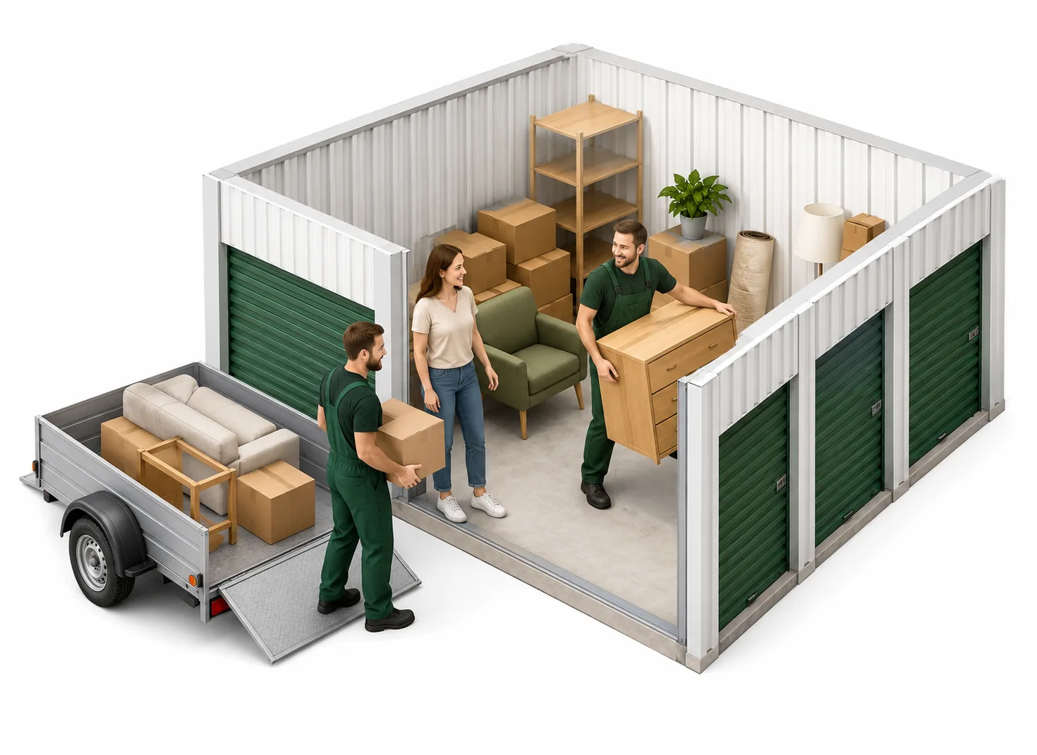 Zwei Mitarbeiter in grüner Arbeitskleidung tragen Kartons und eine Kommode vom Anhänger in die Lagerbox einer Kundin